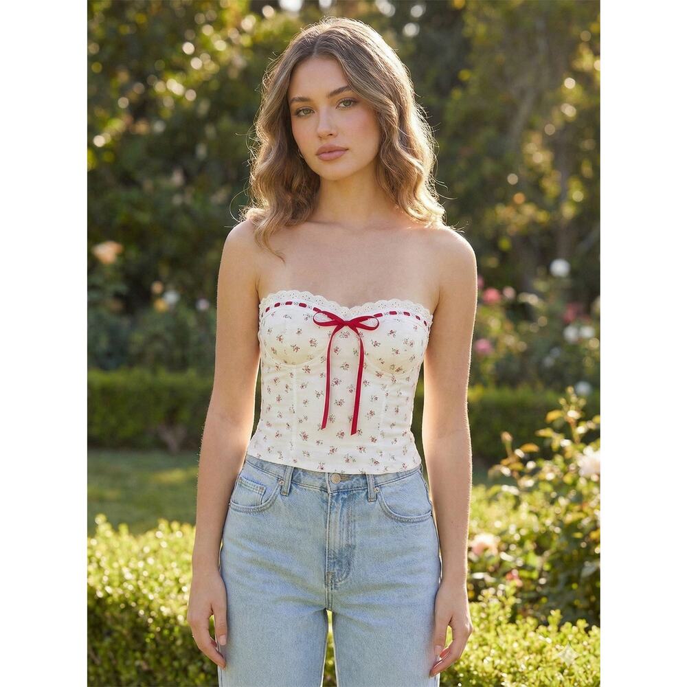 West of Melrose Floral Corset Top XS Coquette Bow Lace Bustier Cottagecore Crop